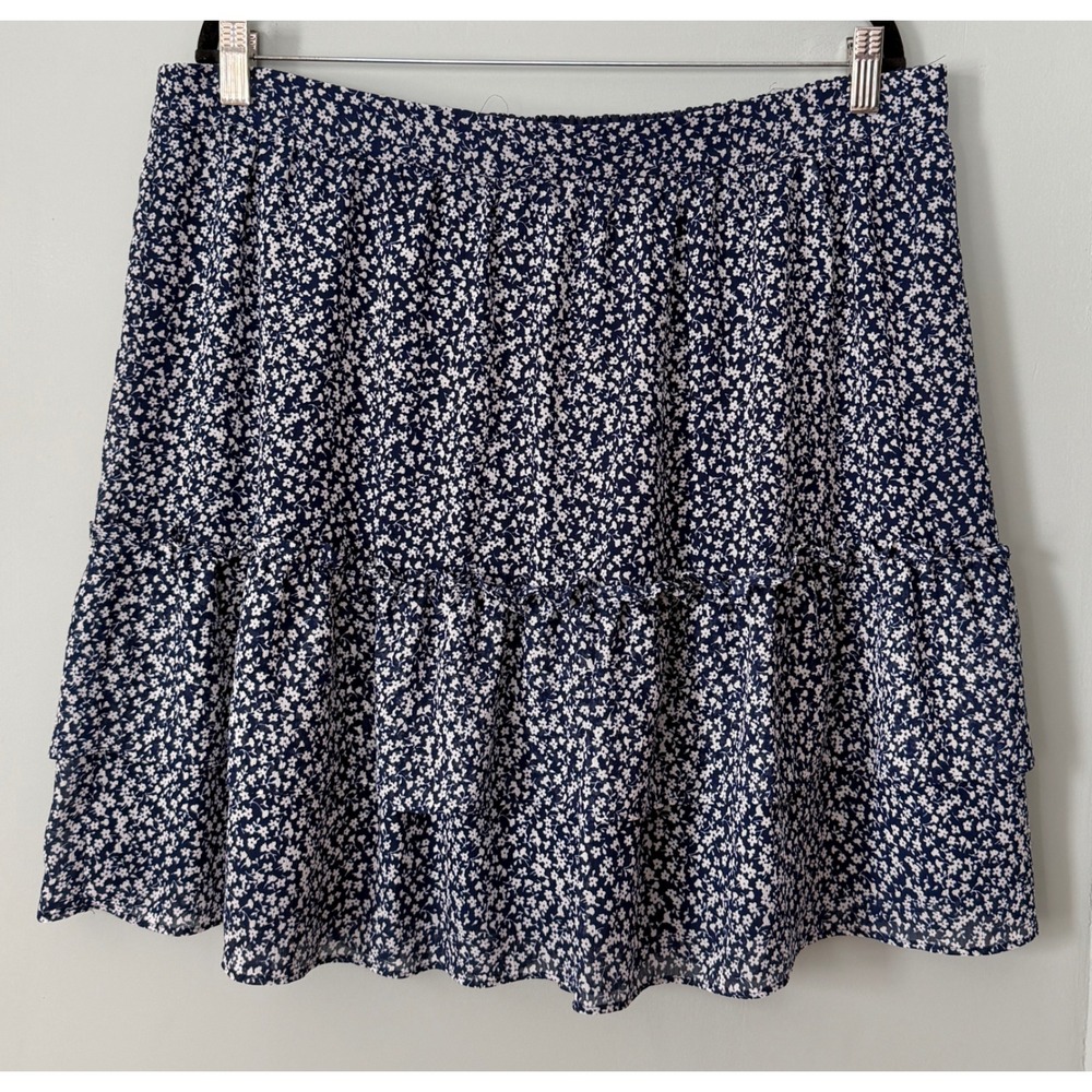 J.Crew Ditsy Floral Tiered Mini Skirt Elastic Waist XL Navy Blue White Spring - Picture 2 of 7